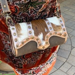Khangura Western Cowhide Crossbody Bag Hair On Brown White Leather Purse Strap